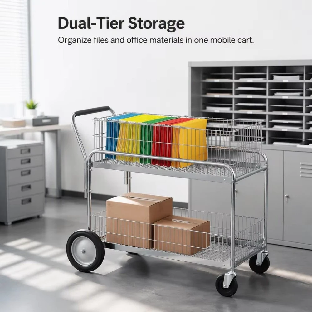Chrome Wire Mesh Rolling File Trolley Office Mail Cart